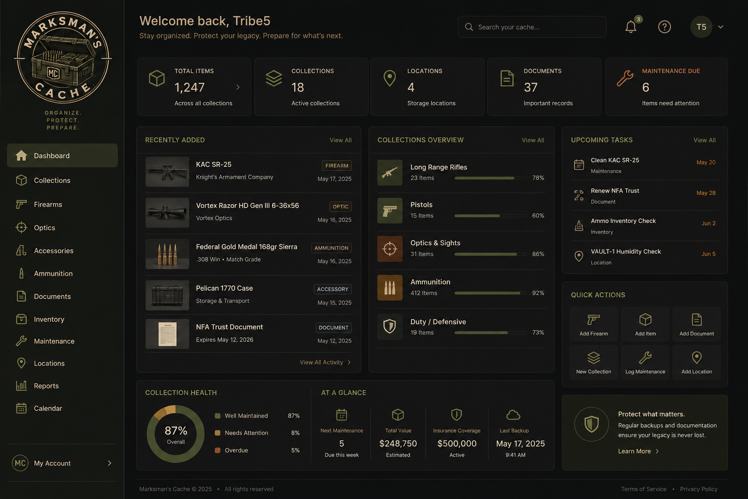 Marksman's Cache dashboard showing collection overview, recent assets, upcoming maintenance, and collection value