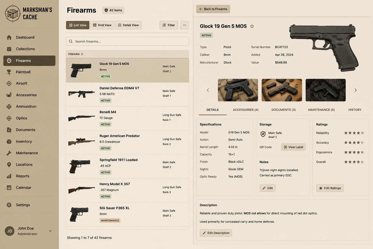Firearms list with an inline inspect panel showing full firearm details