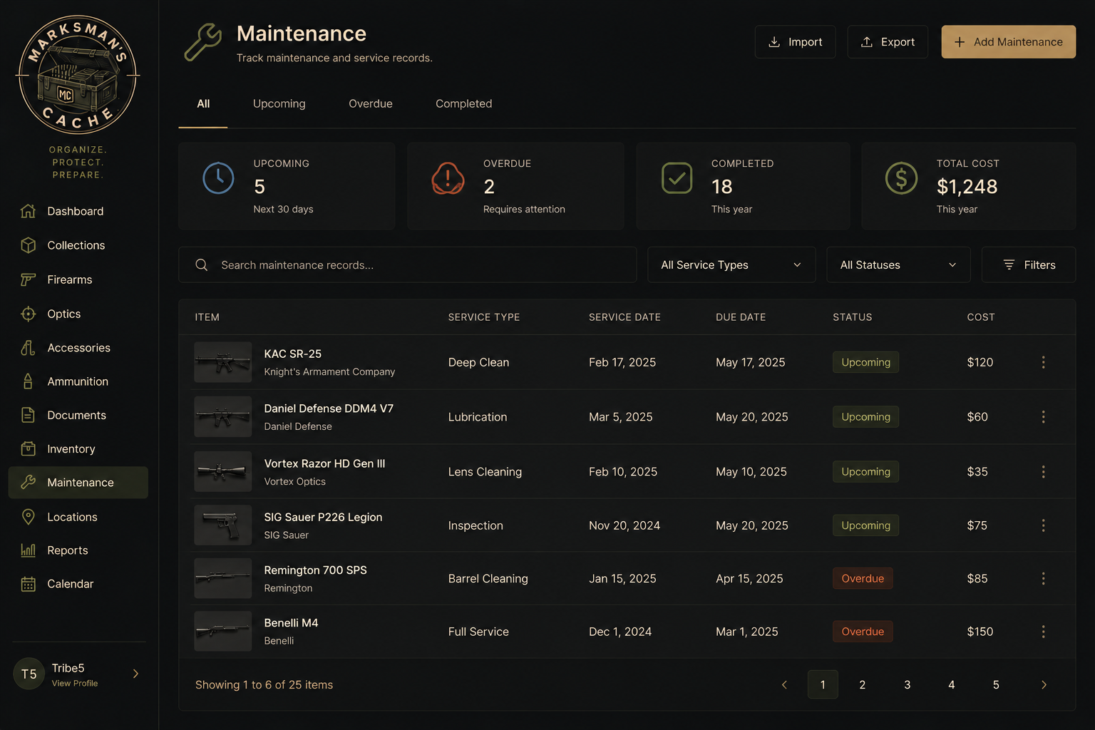 Maintenance tracking screen showing upcoming, overdue, and completed service records