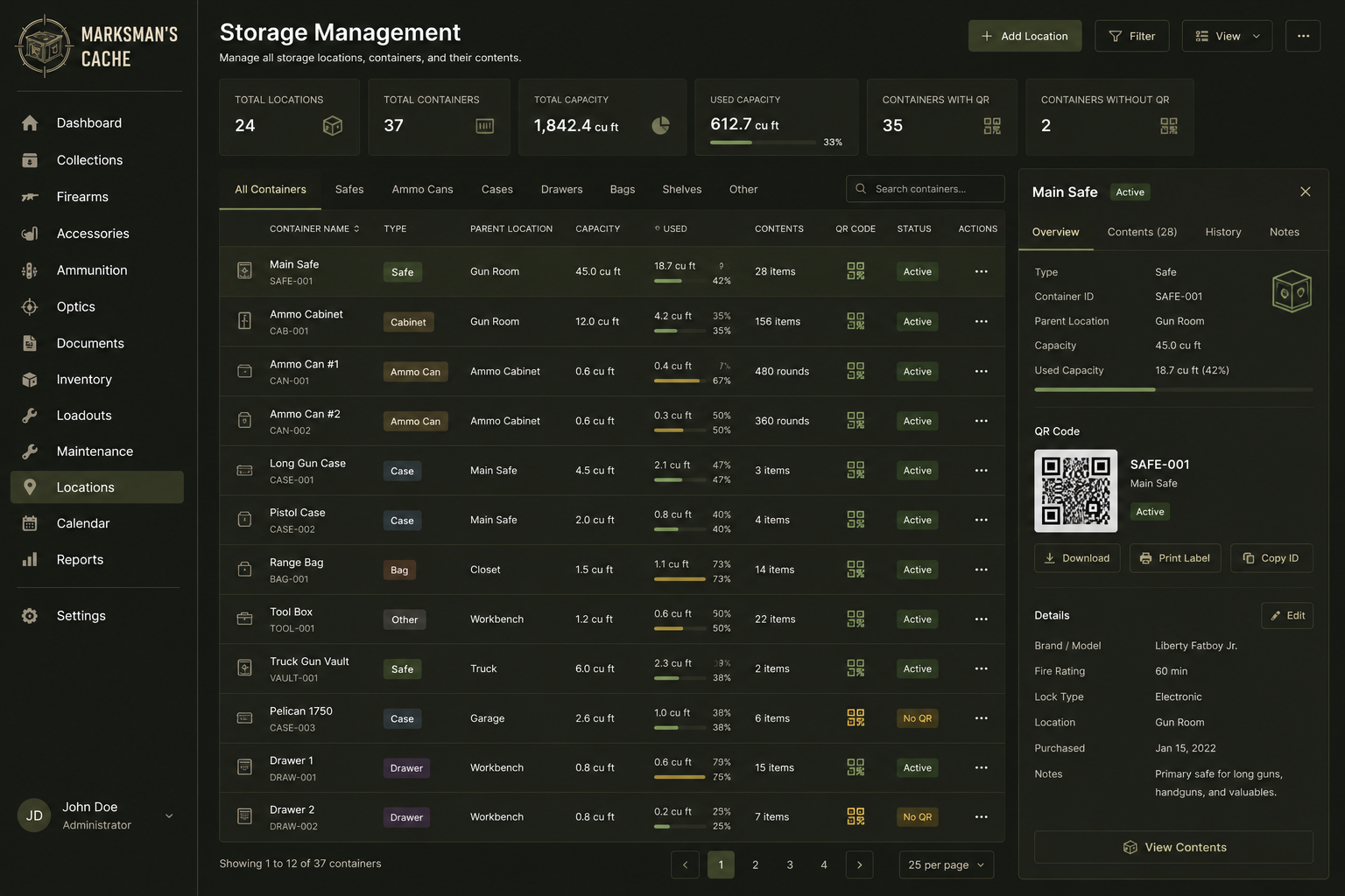 Storage Management page showing containers with QR codes and a QR label preview panel